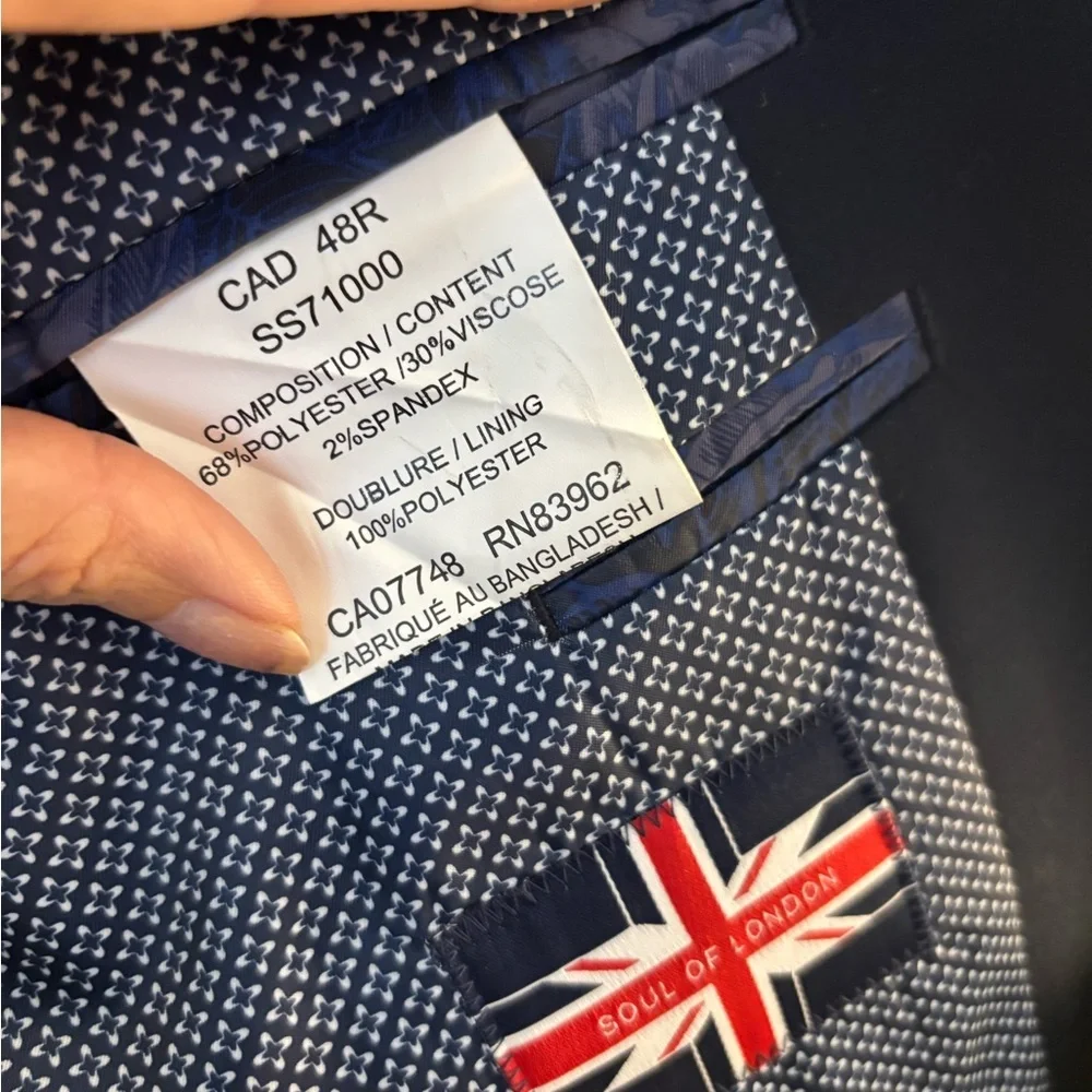 Men's Soul of London Classic Navy Blazer - Modern Single-Breasted Jacket 48R NWT